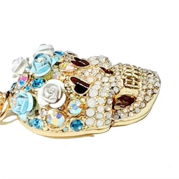 Betsey Johnson Crystal & Flower Sugar Skull Gold Tone Pendant Necklace NEW - Picture 12 of 13